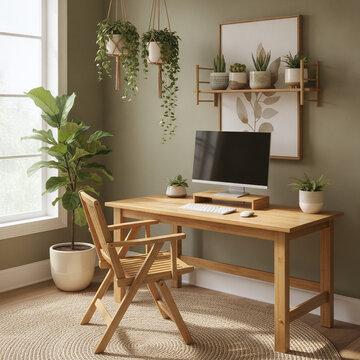 Modern home office workspace with wooden desk, computer, and chair. Sage walls decorated with botanical art and indoor plants like ivy and fiddle leaf fig near a bright window.