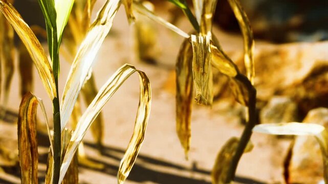 Dried grass is seen bending and curling under sunlight. The ground is sandy with scattered rocks, showing an outdoor environment during the day.