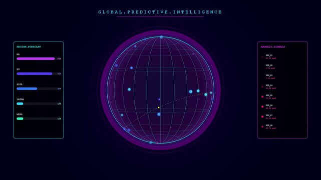 A modern predictive analytics dashboard visualizes global system threat detection as a rotating holographic earth updates critical network telemetry and regional forecasting statistics.