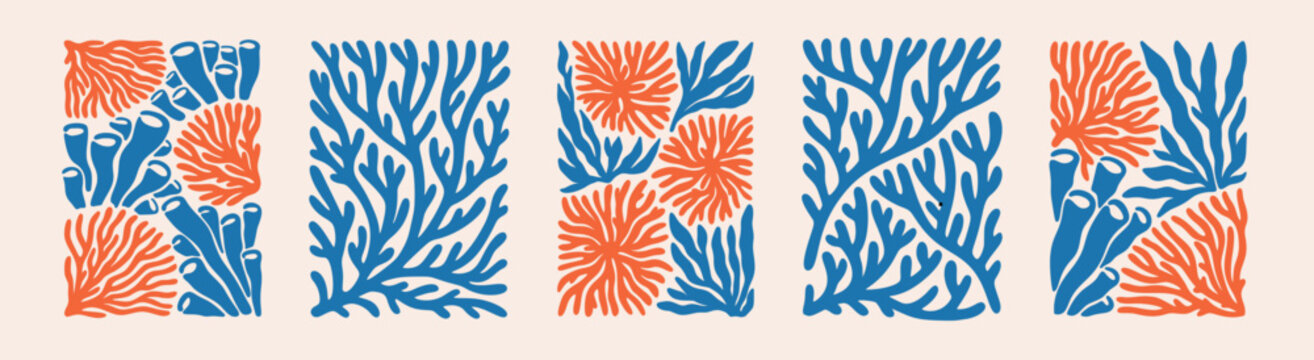 Hand drawn whimsical doodle ocean coral. Seaweed boho irregular organic shape funky coral background. Sealife underwater design element. Summer Hawaiian, Caribbean, mediterranean coastal vacation