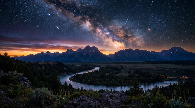 Night sky with shooting stars and the Milky Way over mountains and a river valley at sunset