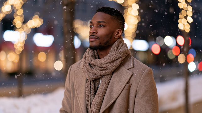 Snowflakes drift softly through the city air. Good looking young black African-American Man gazes thoughtfully, wrapped in warm tones. His coat and scarf offer comfort against the chill. Urban lights