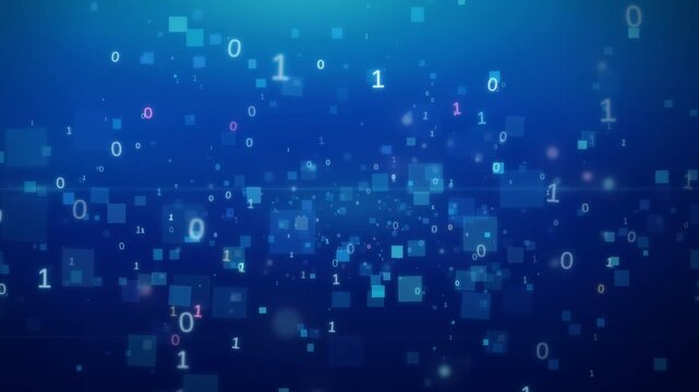 Blue digital binary code particles floating with numbers and squares abstract data background