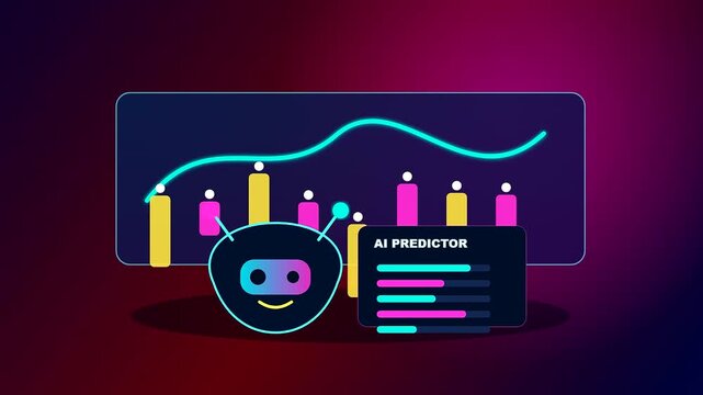 A friendly robot monitors a Predictive Analytics Dashboard as data points fluctuate on a glowing chart while colorful financial bars rise and fall in a loop.
