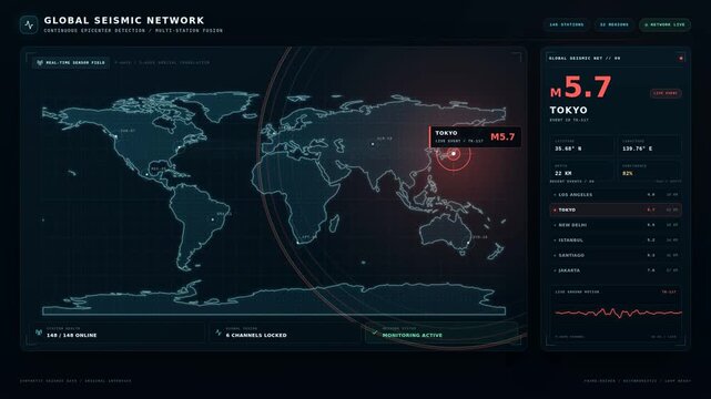 Global seismic network dashboard monitoring earthquake magnitude and epicenter on world map