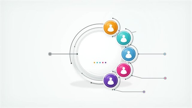 Circular infographic template with colorful people icons and connecting lines on white background