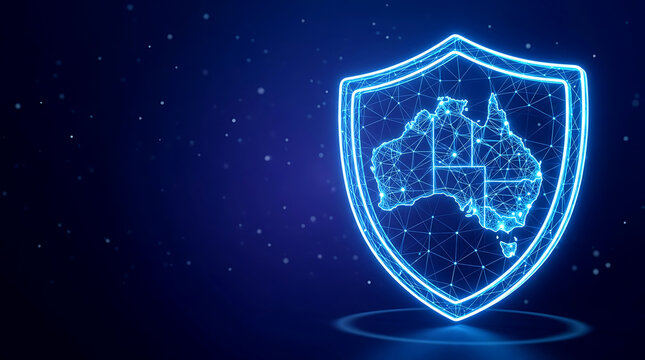 Blue Glowing Shield Map Australia for cyber security data protection and national defense technology concept