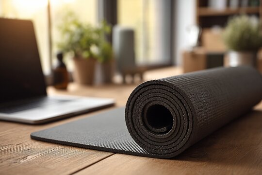 Rolled yoga mat on wooden desk with laptop and plants.