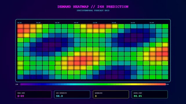 This futuristic Predictive Analytics Dashboard displays fluctuating heatmaps of consumer demand across a digital grid showing spatial and temporal trends in a dark interface.