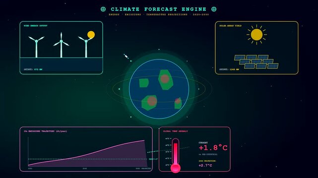 A detailed predictive analytics dashboard monitors global climate change while wind turbines rotate and the earth globe displays shifting thermal patterns on a digital interface