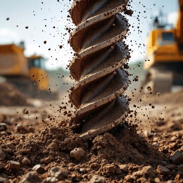 Heavy-duty earth drilling with industrial equipment. Construction site machinery in action, soil excavation process, professional drilling operatio...