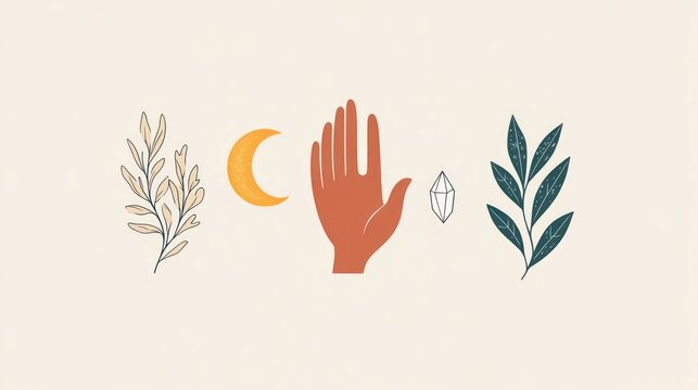Hand logo design collection with crescent moon, leaf, and crystal element. Flat vector minimalism design
