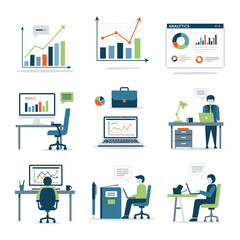 Naklejka premium Office workstation icons showing employees at desks.