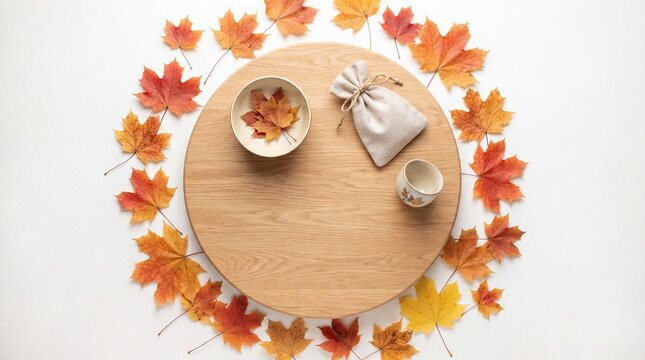 flat lay autumn composition with round wooden board, ceramic bowl, linen gift pouch, tea cup, and maple leaves frame on white background