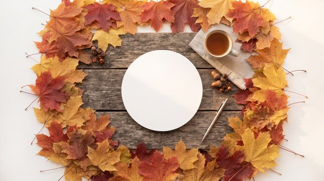 autumn blank round paper mockup with pen cup of tea and maple leaves frame on rustic wood