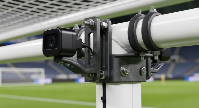 Groundlevel shot focusing on the secure mounting brackets used for affixing goalline camera housings to the goals steel framework.