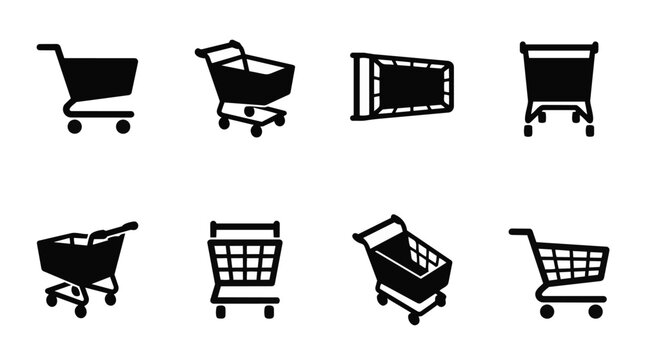 Set of black shopping cart icons from different angles and perspectives.