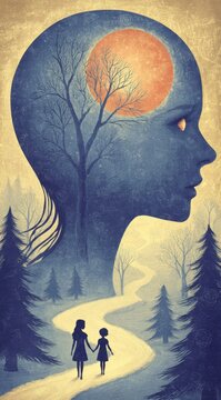 Surreal Mindscape with Figures Walking on Path Through Forest.