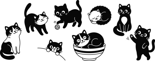 Obraz premium Black cat silhouettes in various poses a vector illustration on a white background cats feline felines kitten kittens domestic animal animals silhouette graphic graphics design