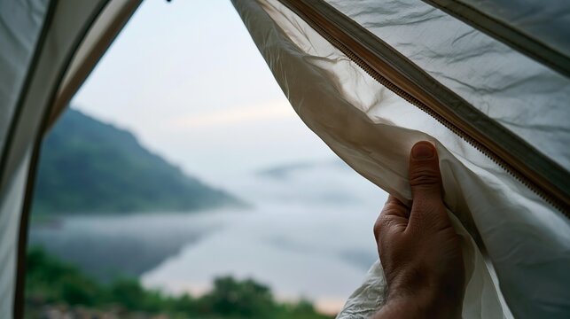 Hand opening tent flap to reveal misty mountain landscape at sunrise
