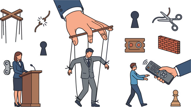 Manipulation and control vector illustration set featuring puppets on strings winding key remote control and corporate business manipulation