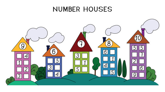 Math houses number bonds worksheet, educational addition game for kids