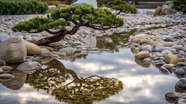 Serene Japanese garden scene with bonsai tree reflected in calm water among smooth stones