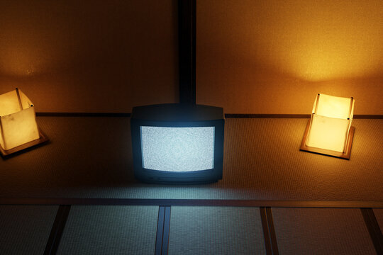 3D Rendering of a retro television with bright static screen standing on tatami floor at night