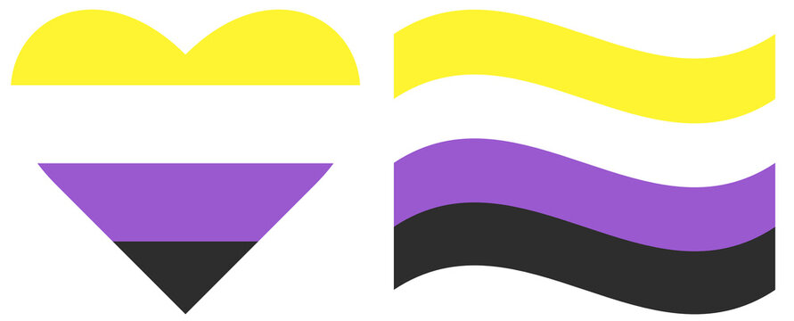 Non binary pride flag in heart shape isolated illustration.Waving flag of non binary pride isolated. LGBTQ pride community flag.