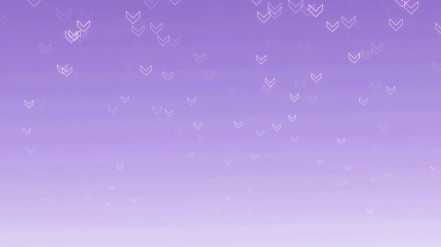 Abstract motion graphics background featuring soft purple gradient with falling white chevron arrow particles. Clean modern loopable animated pattern for presentation overlay or background.