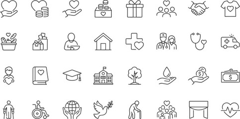 Fototapeta premium Charity and healthcare line icons on a white background representing support and well being icon donation giving medical aid assistance volunteer art outline vector flat