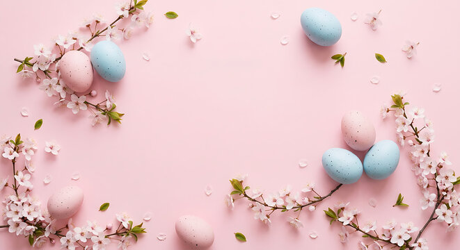 Pastel Pink Easter Eggs and Cherry Blossom Branches on Soft Pink Background with Copy Space