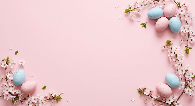 Pastel Pink Easter Eggs with Cherry Blossom Frame and Copy Space Spring Background
