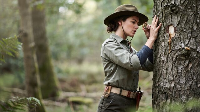 Female explorer examining tree bark with magnifying glass in a lush forest setting for scientific field research study