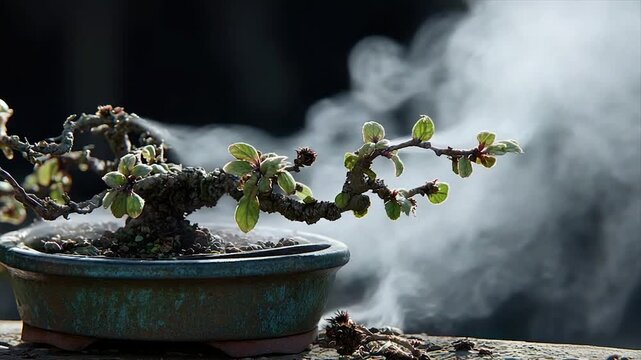 A bonsai tree with new green leaves in a rustic pot, steam swirling around it