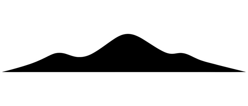 A black silhouette of a mountain range with rolling hills and a central peak, isolated on a transparent background.