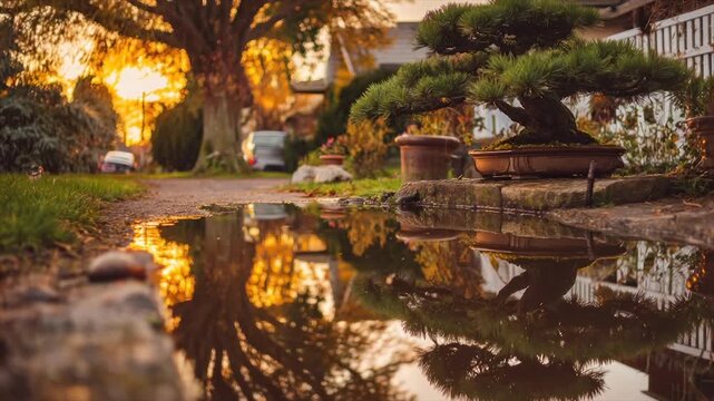 A bonsai tree sits by a puddle reflecting an autumn sunset on a suburban street
