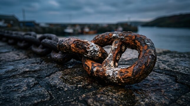 Rusty Chain Ring Closeup on Wet Mooring Rock