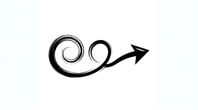 Arrow icon rendered in black ink displays a prominent spiral curl followed by a sharp triangular head pointing toward the right to convey a sense of purposeful guidance and forward momentum.