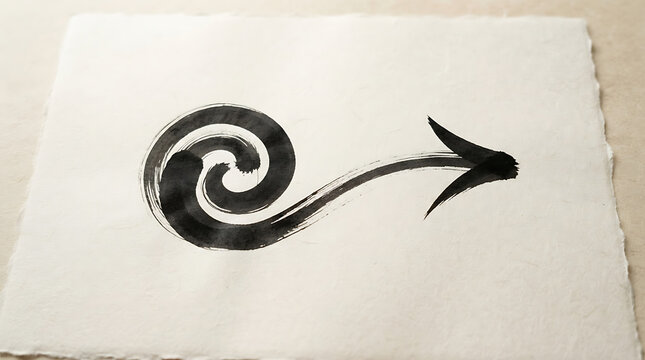 Arrow symbol painted with black ink on textured paper features a swirling spiral tail design that points toward the upper right corner to indicate movement and direction for various creative projects.