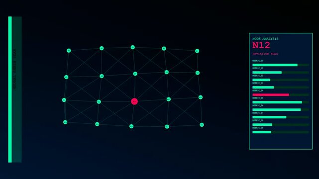Anomaly detection interface displays network nodes and fluctuating metrics on a dark glowing screen showing shifting patterns of connectivity in a digital data monitoring software environment