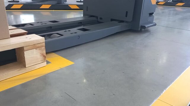 Electric forklift metal tines and forks closeup near wooden pallet on concrete floor with yellow safety lines inside industrial automated warehouse facility logistics and modern factory terminal.