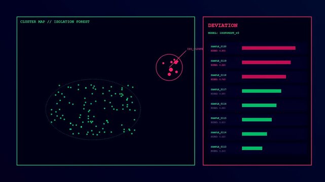 Advanced anomaly detection graphs displaying real time data analysis on dark digital monitors with green and pink charts showing changing metrics