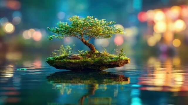 A miniature bonsai tree and mossy island floats serenely on a tranquil body of water