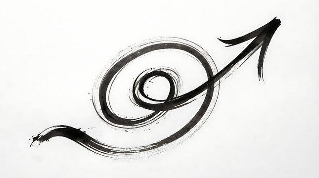 Arrow drawn in black ink curls into a circular spiral shape on a white textured paper surface.