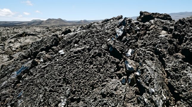 Rugged Dark Lava Rock Formation Under Clear Sky