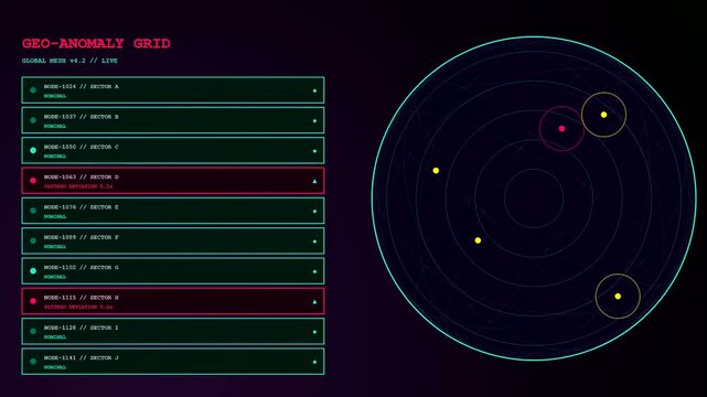a futuristic anomaly detection radar interface displays glowing nodes in circular patterns as multiple light points blink and pulse across the dark digital monitor screen display