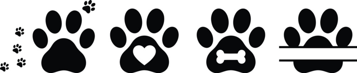 Dog paw prints and bone shape black silhouettes on a white background print animal track footprint canine pet pad silhouette vector graphic flat design isolated © shadow_vector