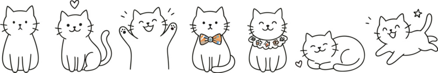 Line art cats in various poses a playful collection on a white background feline kitten line art drawing sketch illustration vector animal mammal pet domestic animal whiskers © shadow_vector