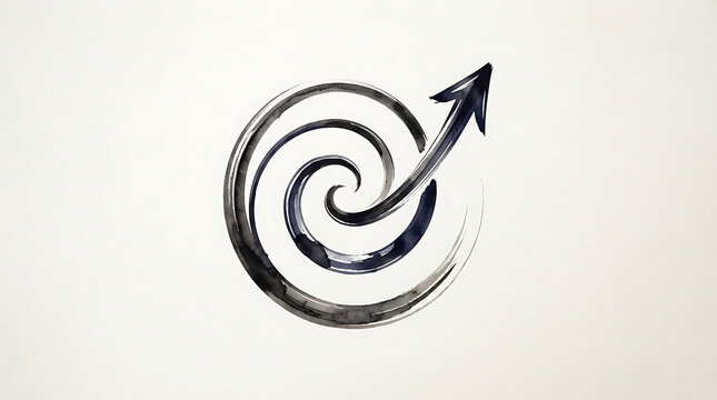 Spiral arrow graphic features a textured black ink stroke pointing toward the top right corner.
